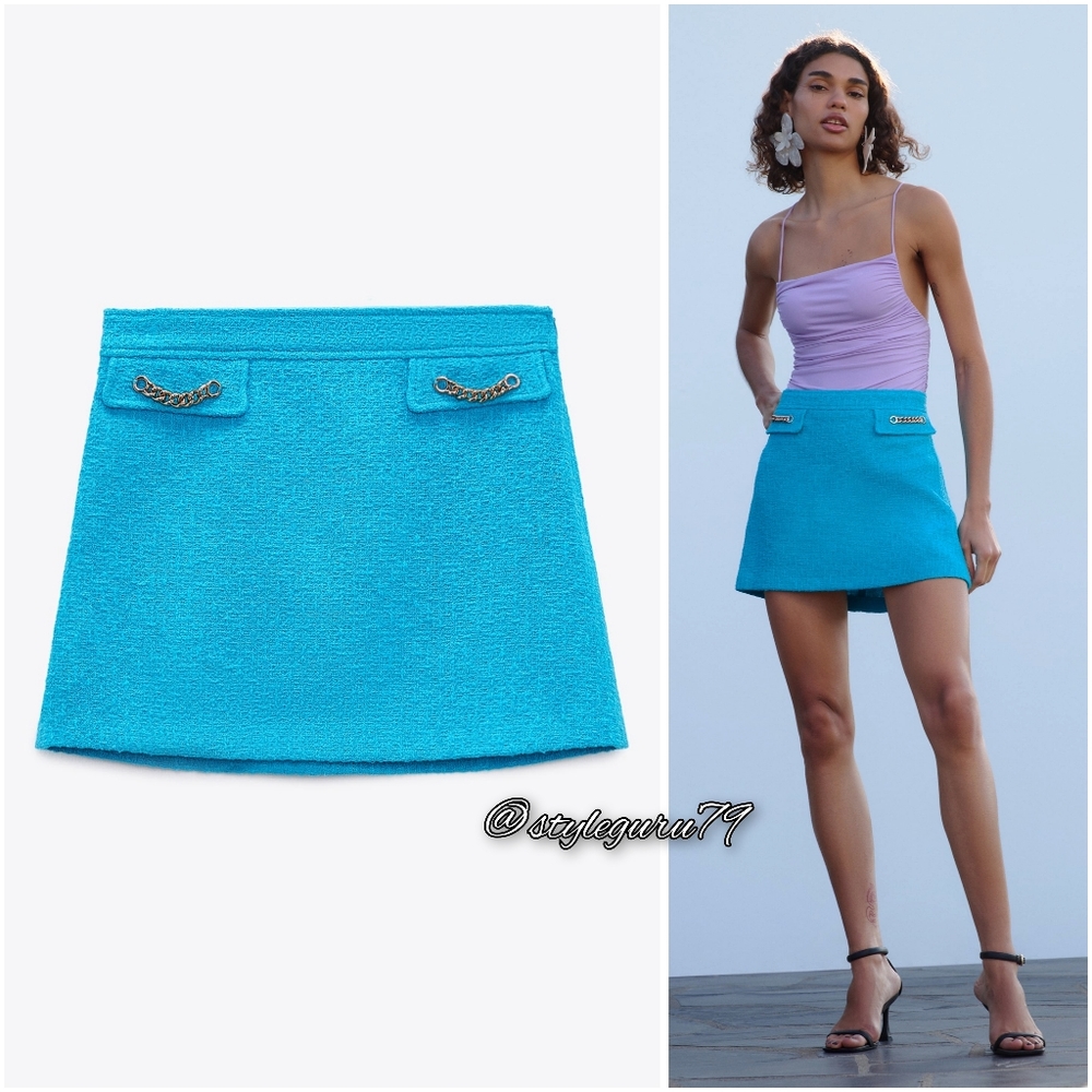 NWT, ZARA, Chain Embellished Blue Mini Skirt - Picture 2 of 4
